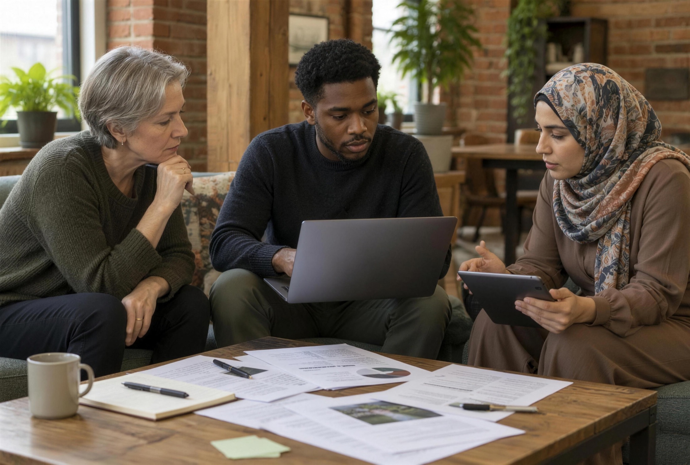 Trois collègues qui travaillent ensemble sur un plan