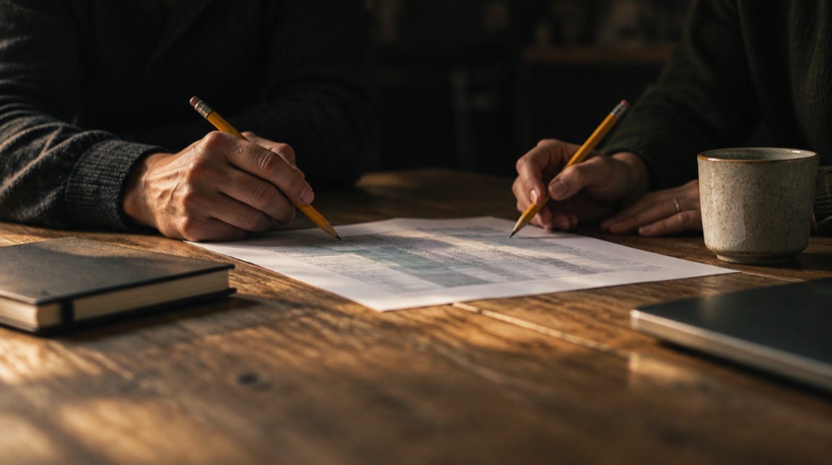 Deux personnes qui annotent un plan imprimé au crayon