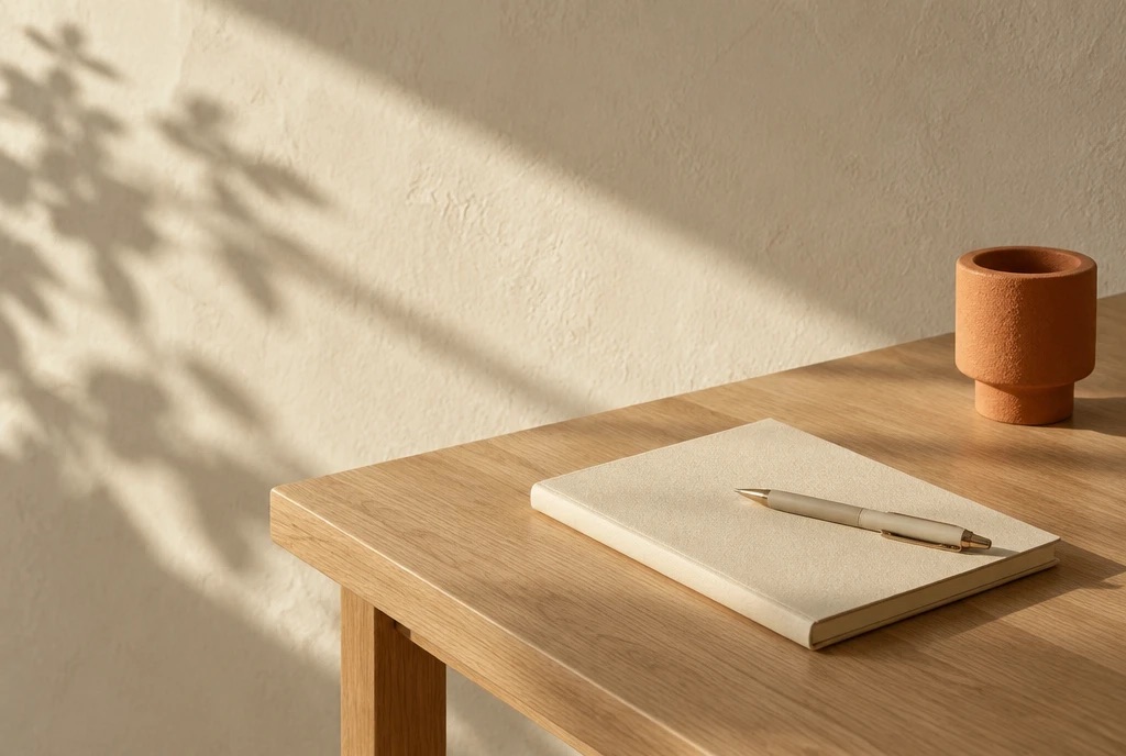 Un carnet et un stylo sur un bureau baigné de soleil